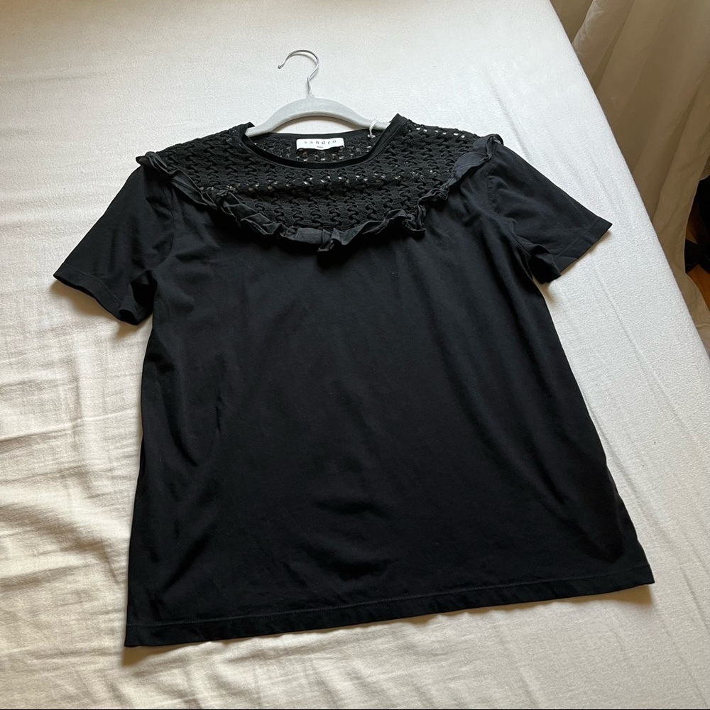 Sandro Paris black mesh insert contrast ruffle short‎ sleeve T-shirt